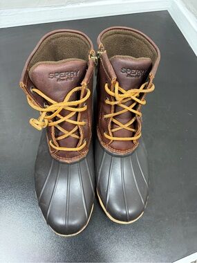 Sperry Saltwater Duck Boots Womens 8 Brown Leather Waterproof Lace Up Zip Rain